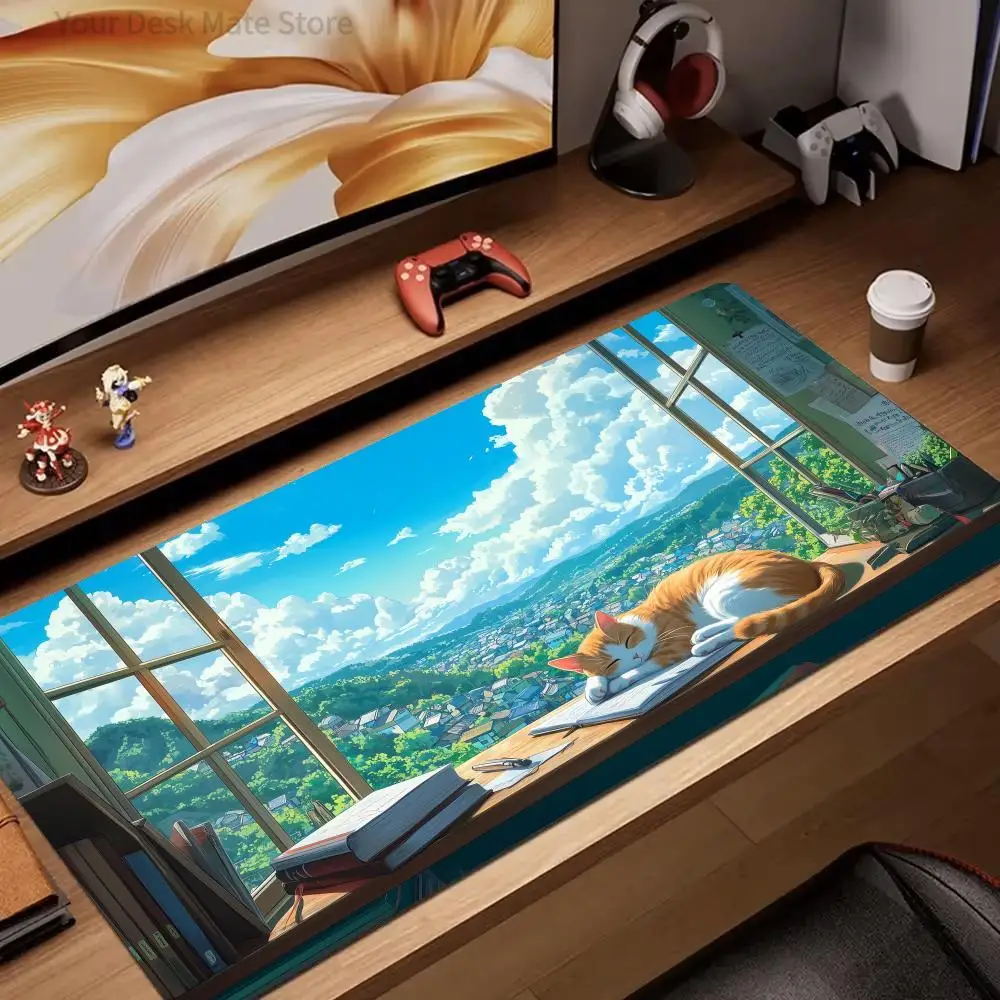 Sommerlandschaft und orangefarbene Katze, Mauspad, Schreibtischunterlage, Gaming-Matte, Gamer-PC-Zubehör, rutschfeste Gummi-Tastaturerweiterung, Mauspad