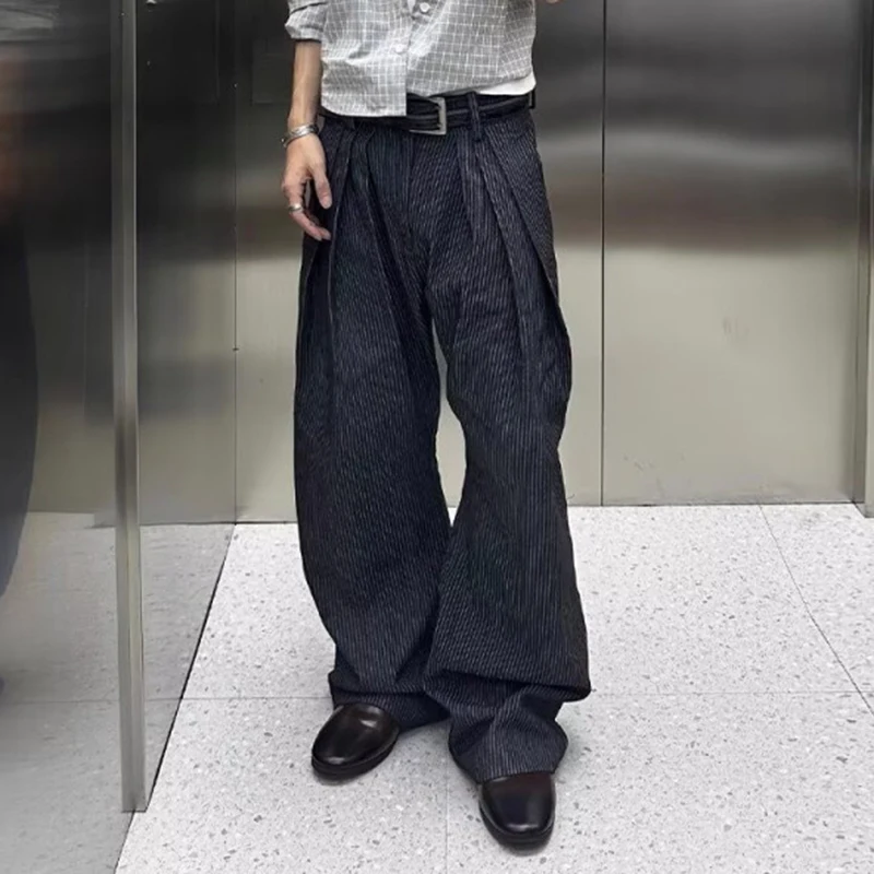 

2025 Men's Striped Design Pleated Trousers Japanese Style Solid Color Autumn Wide Leg Male Pants