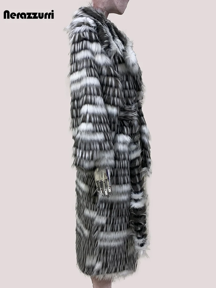 Nerazzurri Autumn Winter Long Thick Warm Colorful Multicolored Shaggy Faux Fox Fur Coat Women Sashes Luxury Furry Overcoat 2025