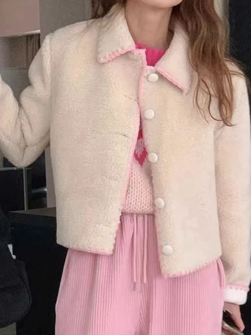 

Korean Sle Cute ort Lamb Fur Coat Collar Women's Autumn Winter New Design Inteated Leather Jaet Age Reduction