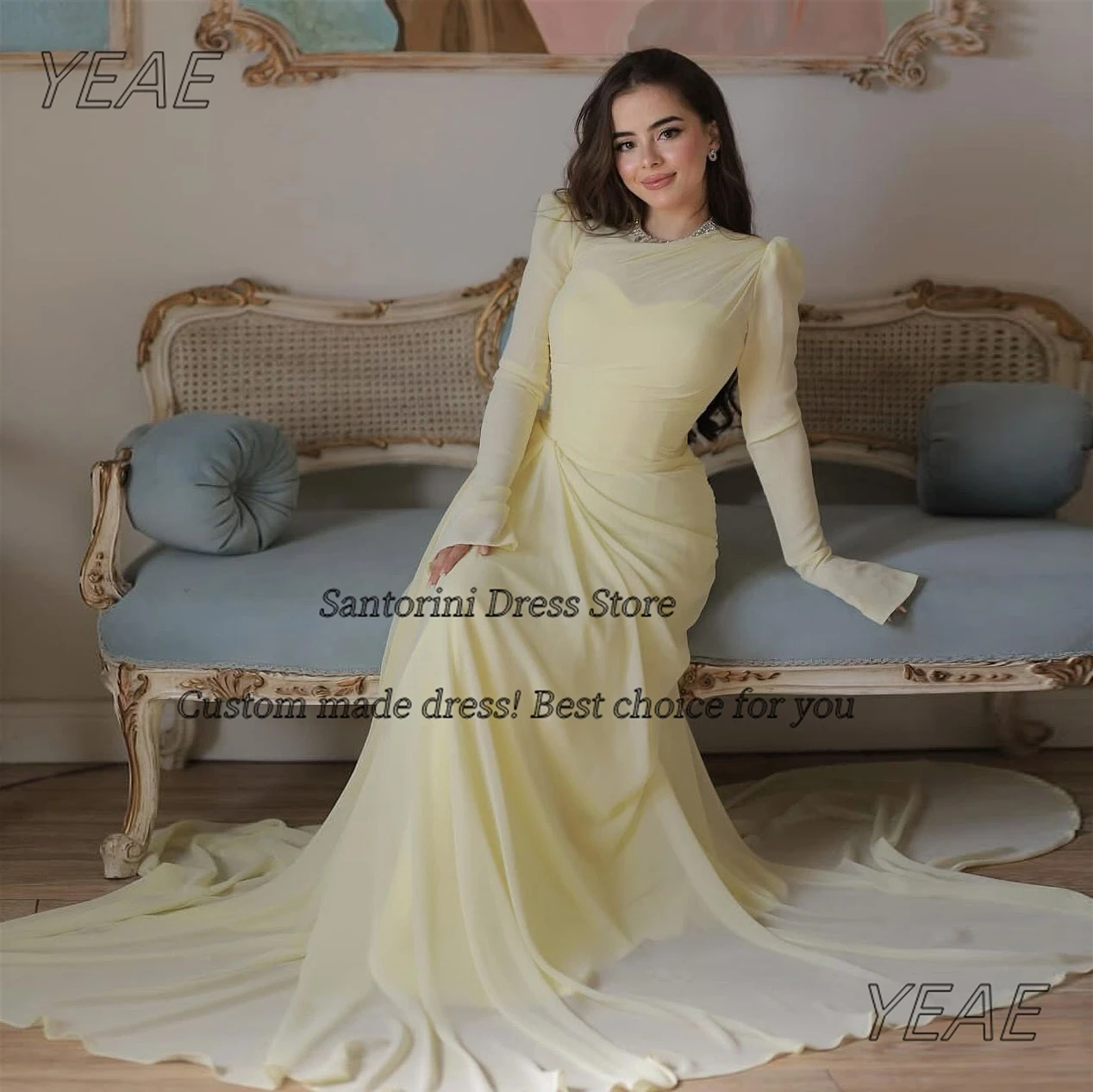 Santorini Evening Dresses Saudi Women Wear Long Sleeves Prom Dress Ruched Sweep Train Vestidos Des Noches Customized