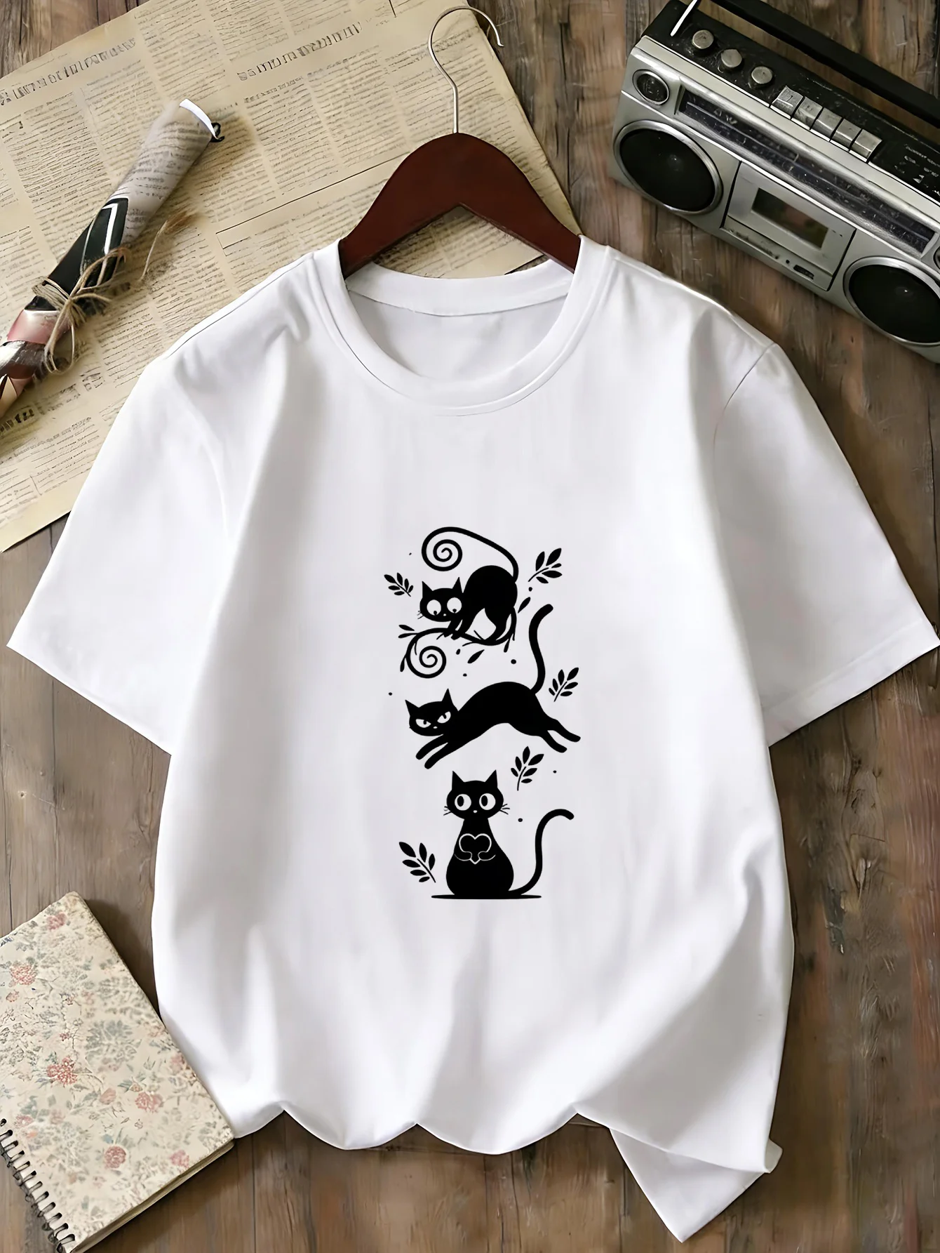 Boys Girls Family Matching Tee Cute Multi Black Cat Botanical Art Print Short Sleeve Soft Cotton Kids Daily Outdoor Outfit