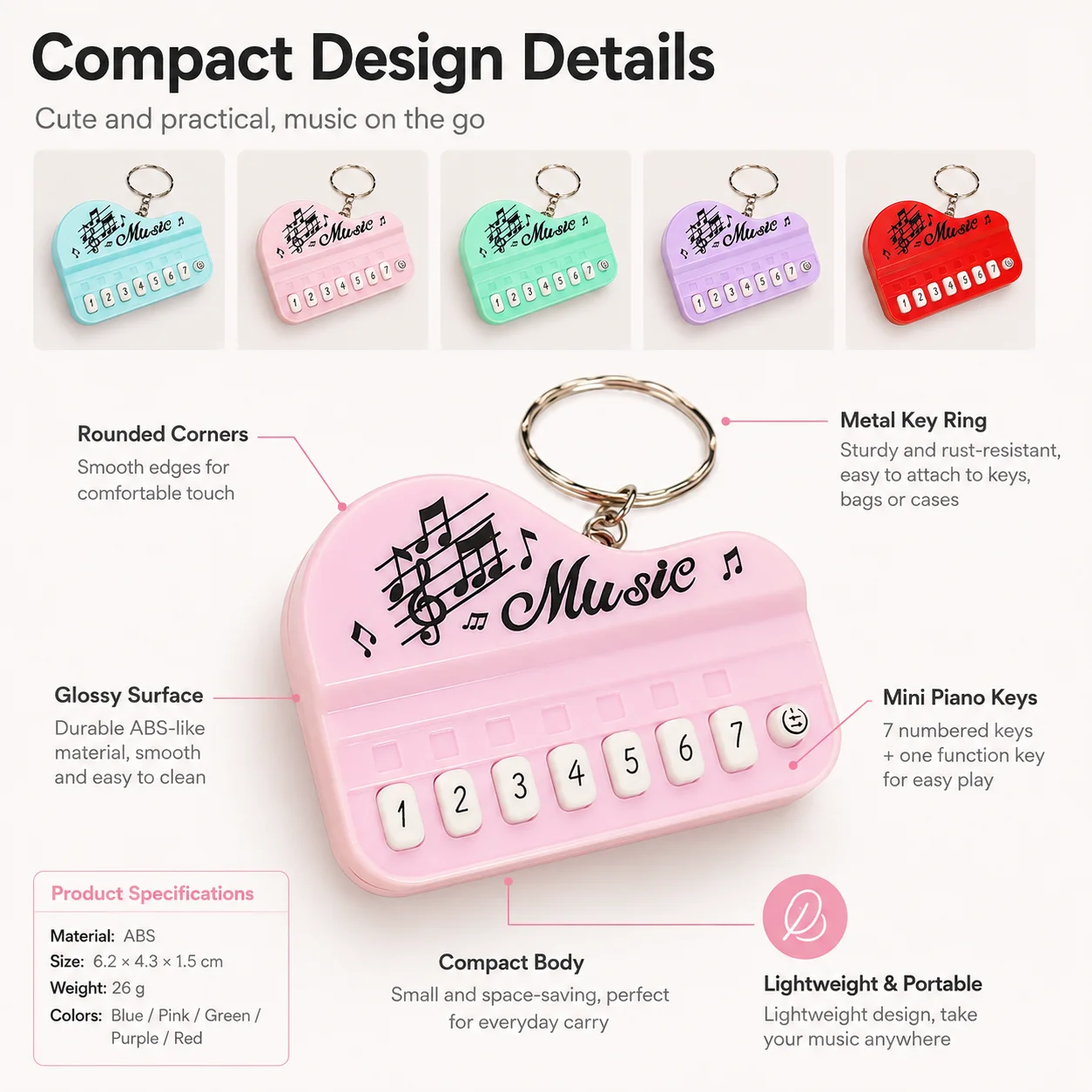 1/2/3 PCS Xmas Gift Compact 7 Keys Piano Keyring Multicolor Portable Musical Ornament Daily Carry Decor Pendant