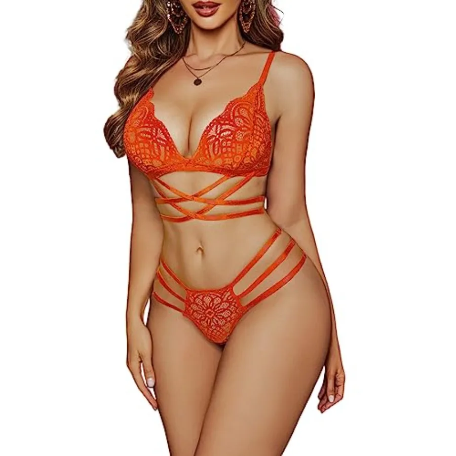 

Women Lace Lingerie Set 2 Pieces Bralette Bra and Panty Strappy Lingerie Set Mesh Underwear Negligee
