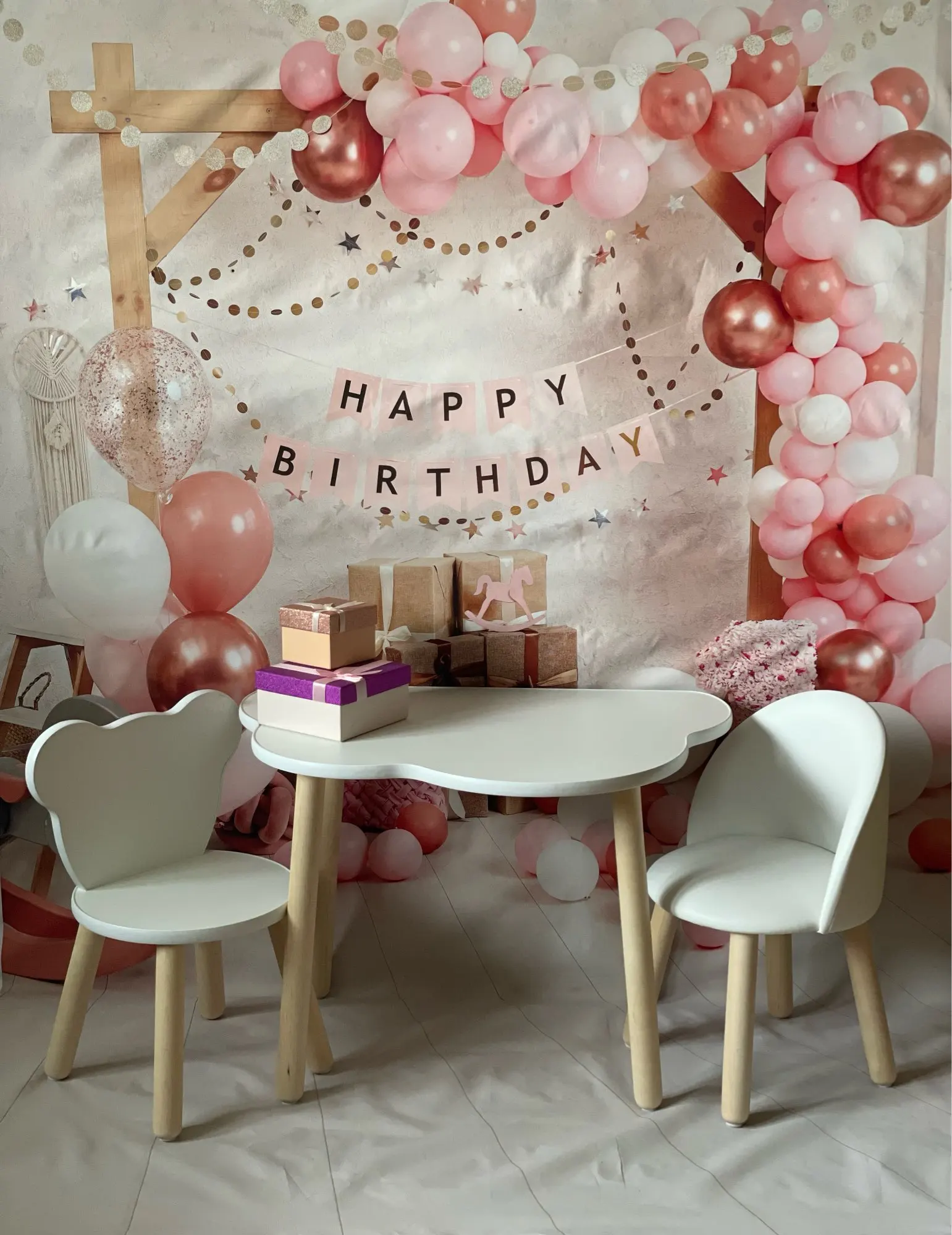 Laeacco สีชมพูน่ารักบอลลูนวันเกิดพื้นหลังถ่ายภาพ1ปีธงประดับวันเกิด Baby Shower ฉากหลังสำหรับถ่ายภาพ