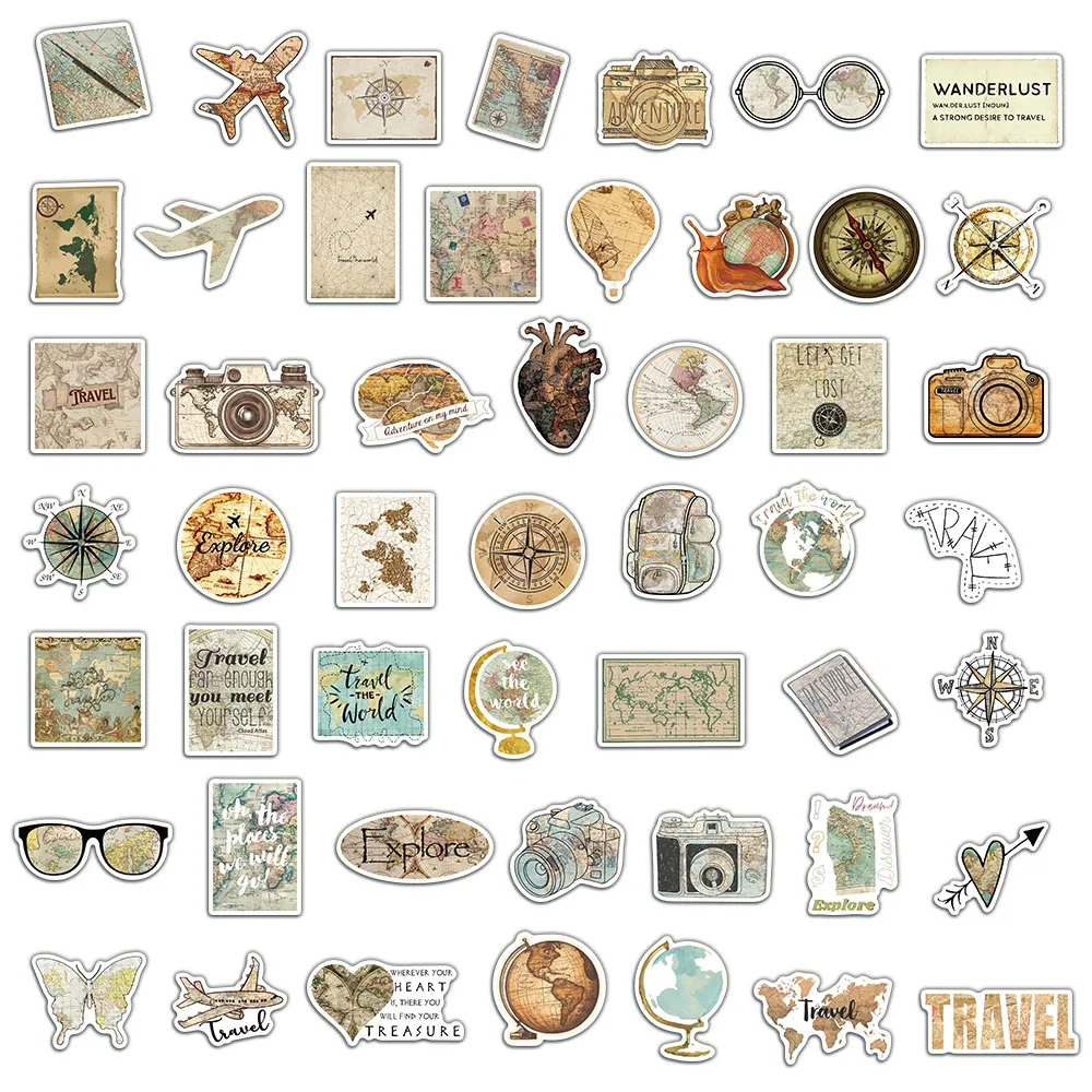 50 قطعة من خرائط السفر الإبداعية، وخرائط الطائرة، والمشاهد، والملصقات الرجعية، والنمط الإضافي، والكتب اليدوية المتخصصة، والملصقات الزخرفية