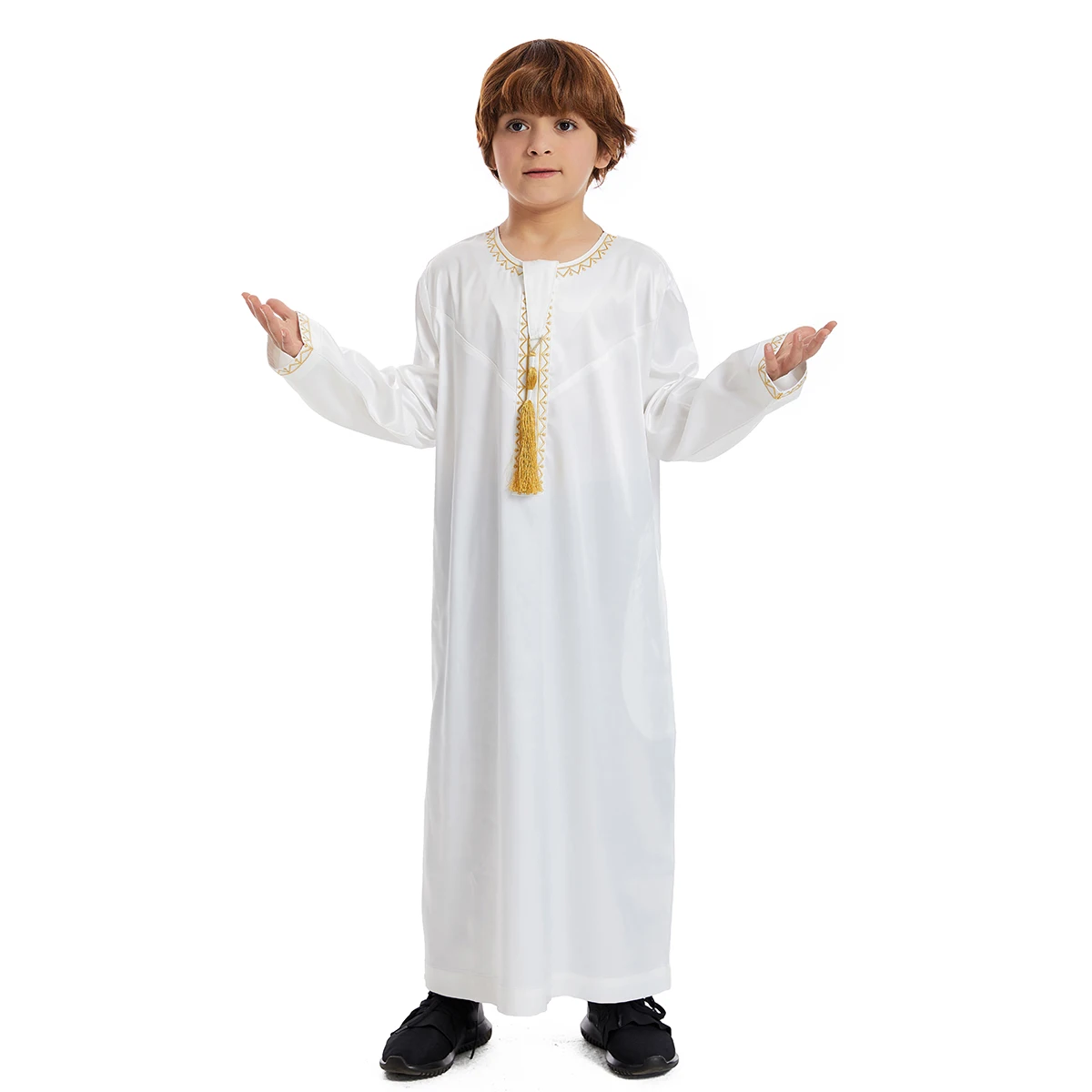 Manto muçulmano de manga longa para meninos, Thobe, Jubba, Vestuário islâmico, Abaya, Oriente Médio Caftan árabe, Crianças vestido Kaftan, Bordado, Arábia Saudita, Dubai, Arábia Saudita