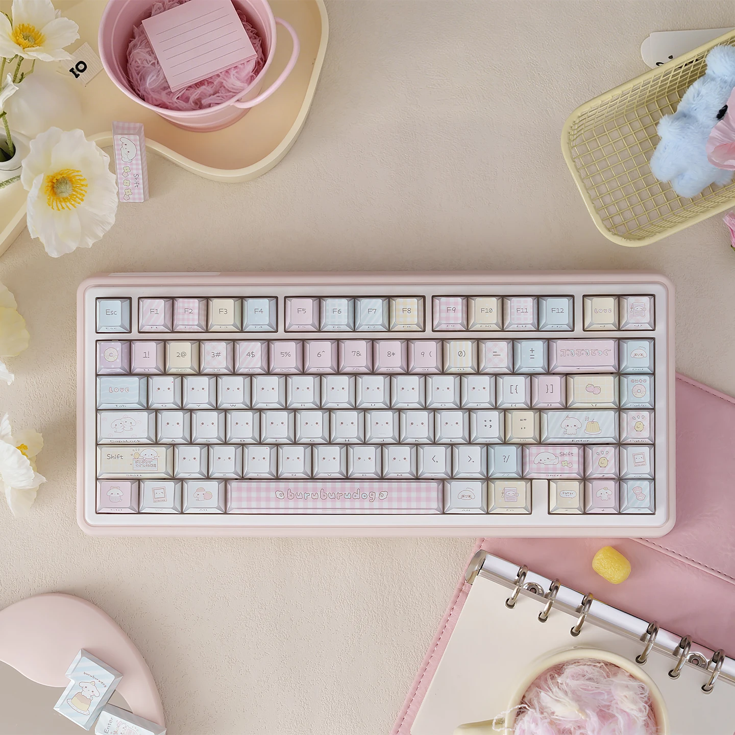 

URE Pink Plush Puppy Keycaps Dye-Sub Cherry Profile PBT keycaps Side Print Keycaps Cute keycaps For MX Mechanical Keyboard