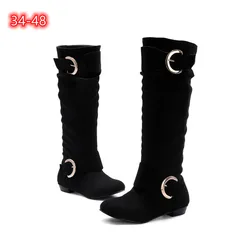 Women Buckle Botas On Knee Height Tacon Square Heels 2cm Red Black Boots Flock Round Toe Spring Shoes Rome Style Wide Fits 46 45