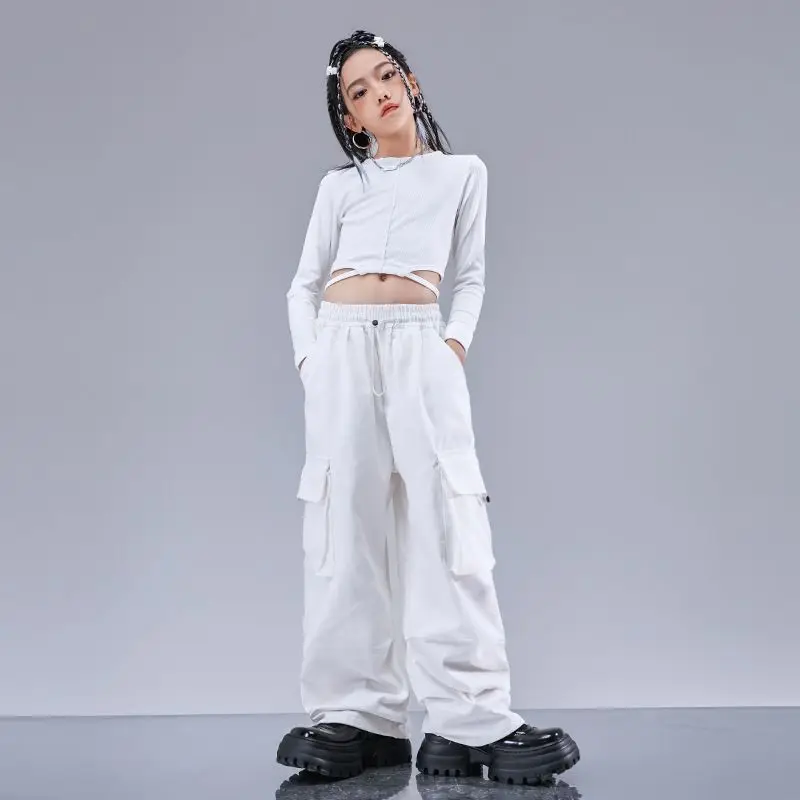 Kid Hip Hop Clothing White Sequined Short Jacket Top Casual Wide Pockets Cargo Pants Shorts for Girl Jazz Dance Costumes Clothes