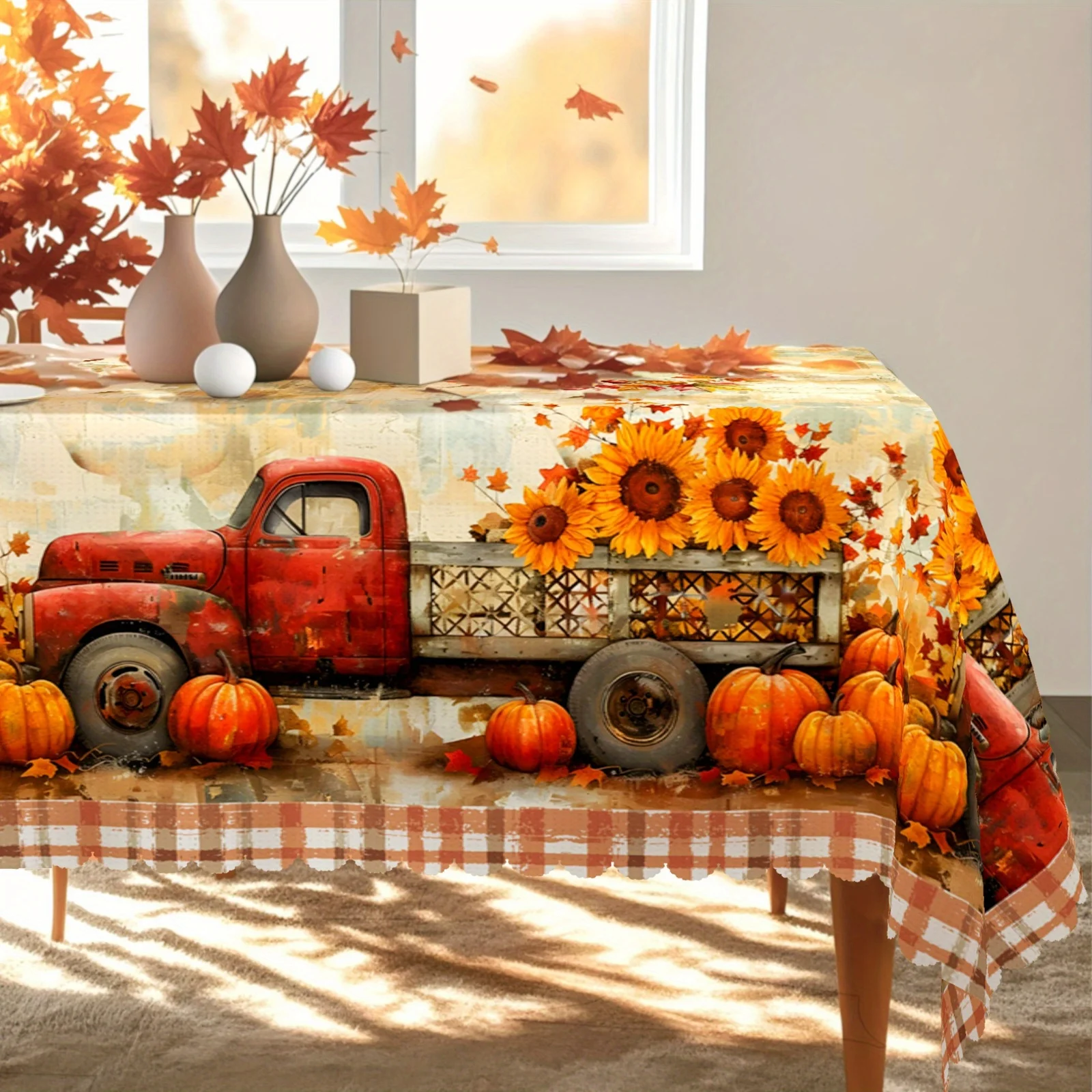 Autumn tablecloth, with a retro pumpkin, sunflower, maple leaf and buffalo plaid design. The perfect autumn look.zyc
