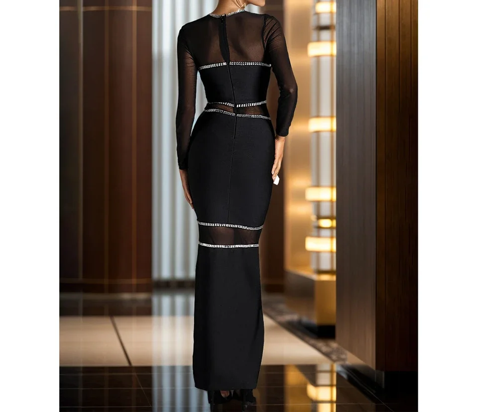 ชุดเดรสทรงบอดี้คอนสำหรับผู้หญิง สไตล์หรูหรา แฟชั่นสตรีทแวร์ ผ้าตาข่าย แขนยาว ทรง Y2K คอกลม เอวสูง กระโปรงใหม่ ฤดูใบไม้ร่วง 2024