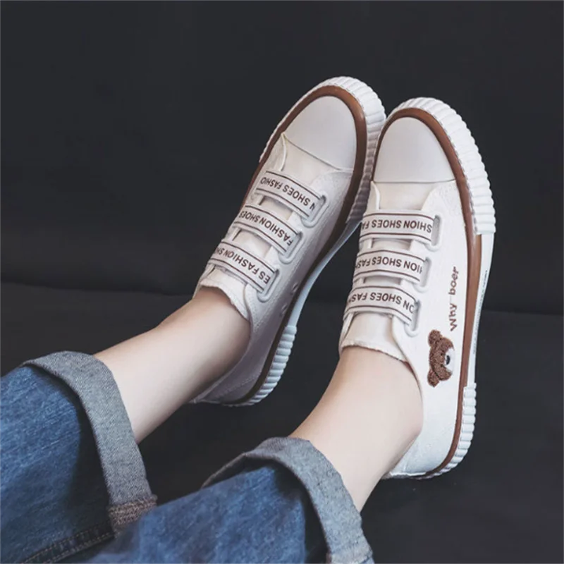 

Canvas Flat Shoes For Women Elastic Band Cute Bear Pattern Shoes Soft Sole Thick Flat Shoes Outdoor Non Slip Students Shoes