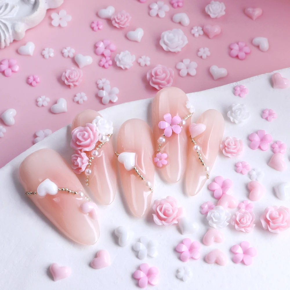 Romantic Camellia Flower Nail Art Charms Korean Manicure Decorations Pink White Flowers Love Heart Resin DIY Nails Accessories
