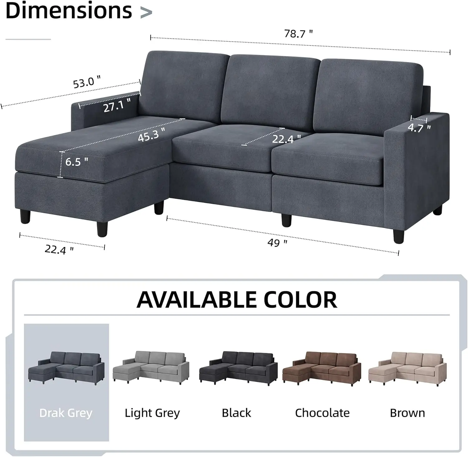 Converteerbare Sectionele Bank, Moderne Linnen Stof L-Vormige Bank 3-zitsbank Sectional