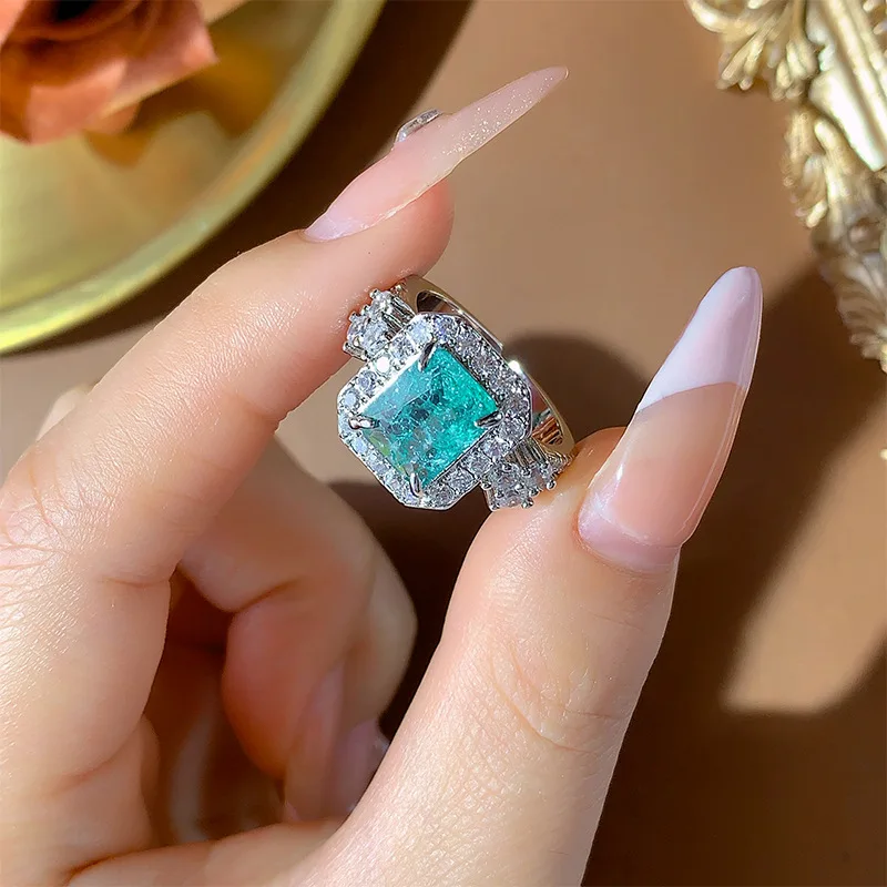 Creative square diamonds inlaid blue-green gemstone rings for women wedding classic charms ring adjustable banquet jewelry gift