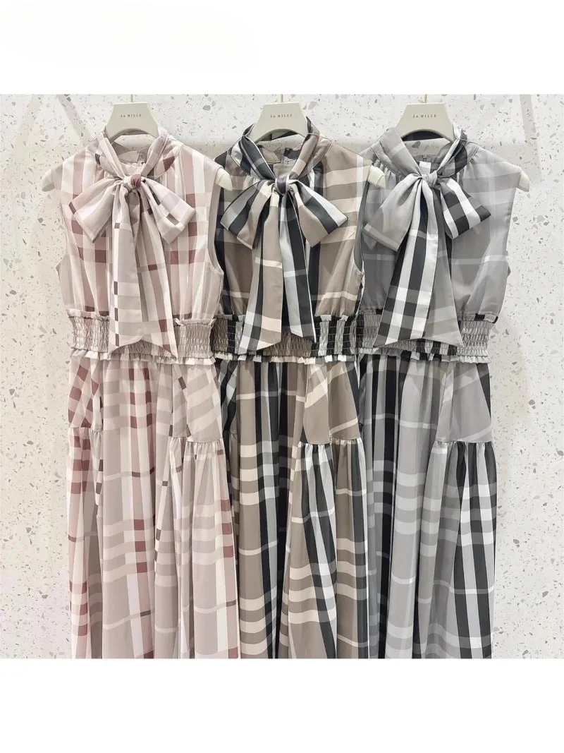 Summer New Sweet Cute Girl Bow Tie-up Maxi Dress Japanese Style Fashion Plaid Sleeveless High-waisted Chiffon Long Dresses