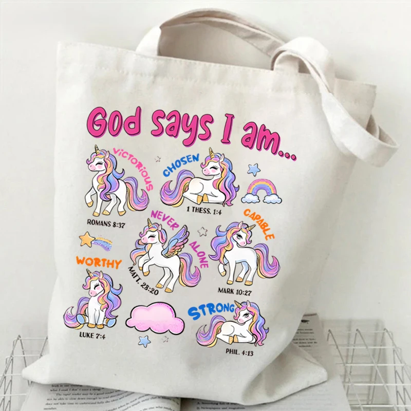 Bolso de lona "dios dice que soy..." Bolsos de mano de unicornio de dibujos animados para mujer, bolsos de compras reutilizables Vintage con mariposa para mujer