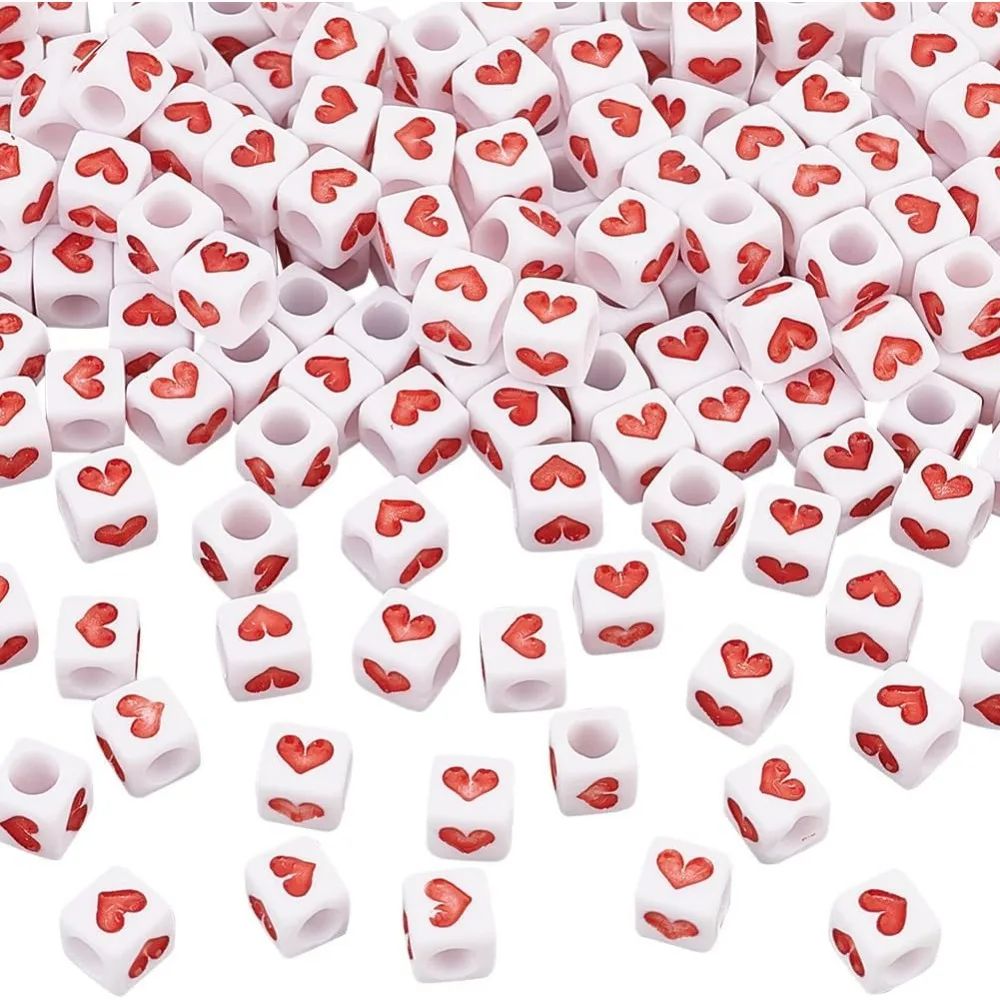 200Pcs 6mm White Red Heart Bead Acrylic Cube Heart Beads with 3mm Hole Square Loose Heart Beads Pony Loose Spacer Beads