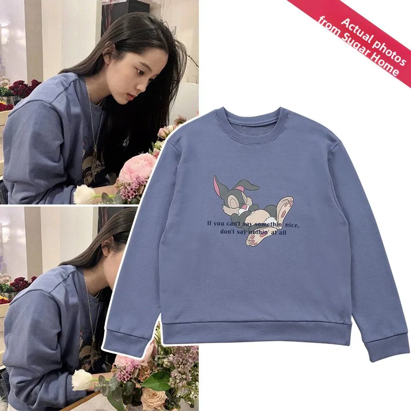 

Свободный свитшот с круглым вырезом для женщин, синий, с принтом кролика и надписью, домашняя одежда, удобная хлопковая футболка