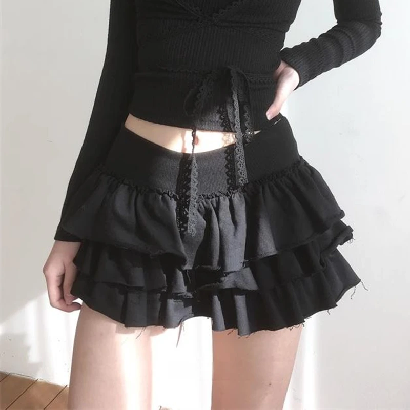 Sweet Ballet Black Mini Skirt Women Casual Elastic High Waist Y2k Clothes Ruffles Slim Fit Korean Lolita Cake Skirt Harajuku