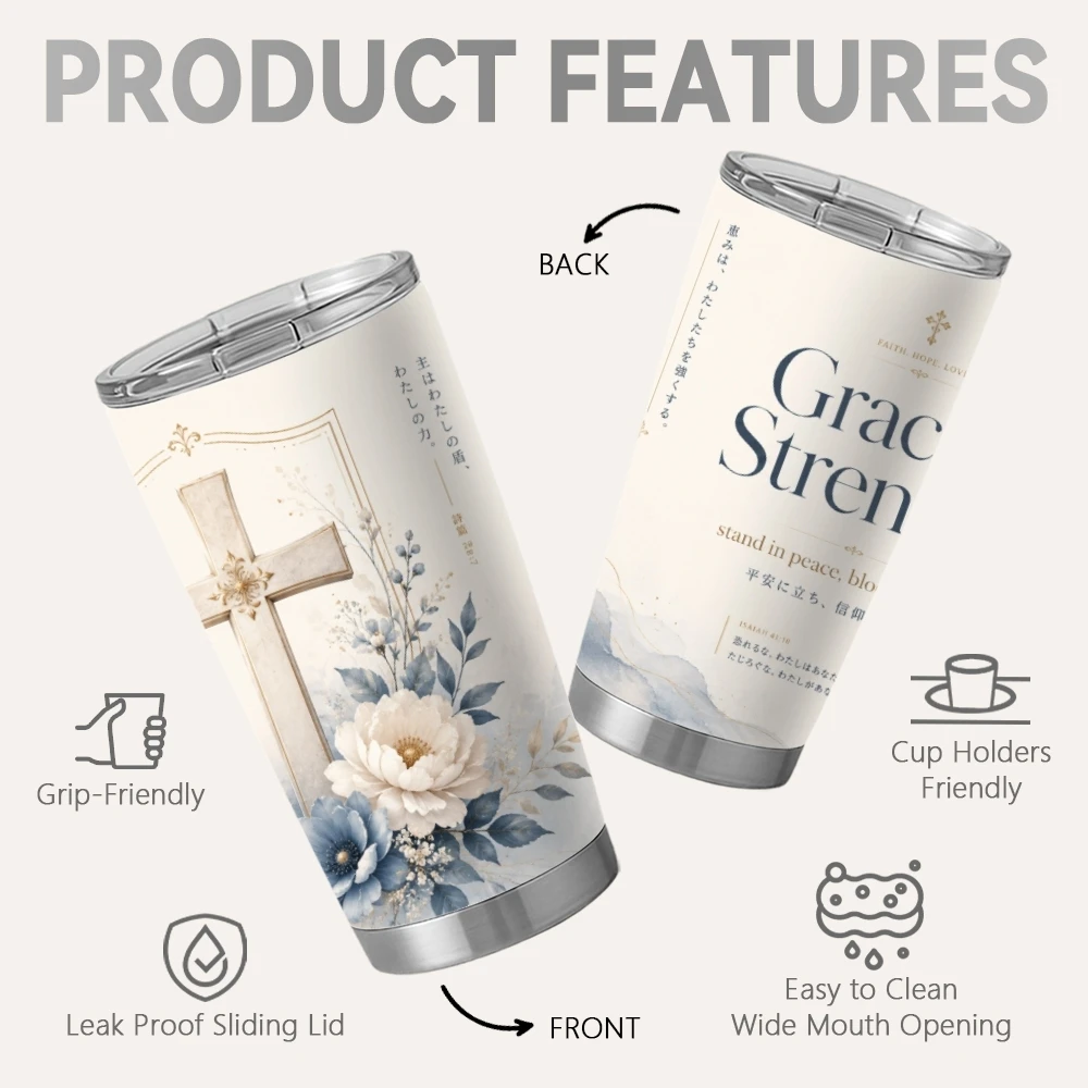 Floral Faith Cross Art Vacuum Flasks 20oz Insulated Coffee Tumbler With 2 Lids Reusable Straw Wall Stainless Steel Cup