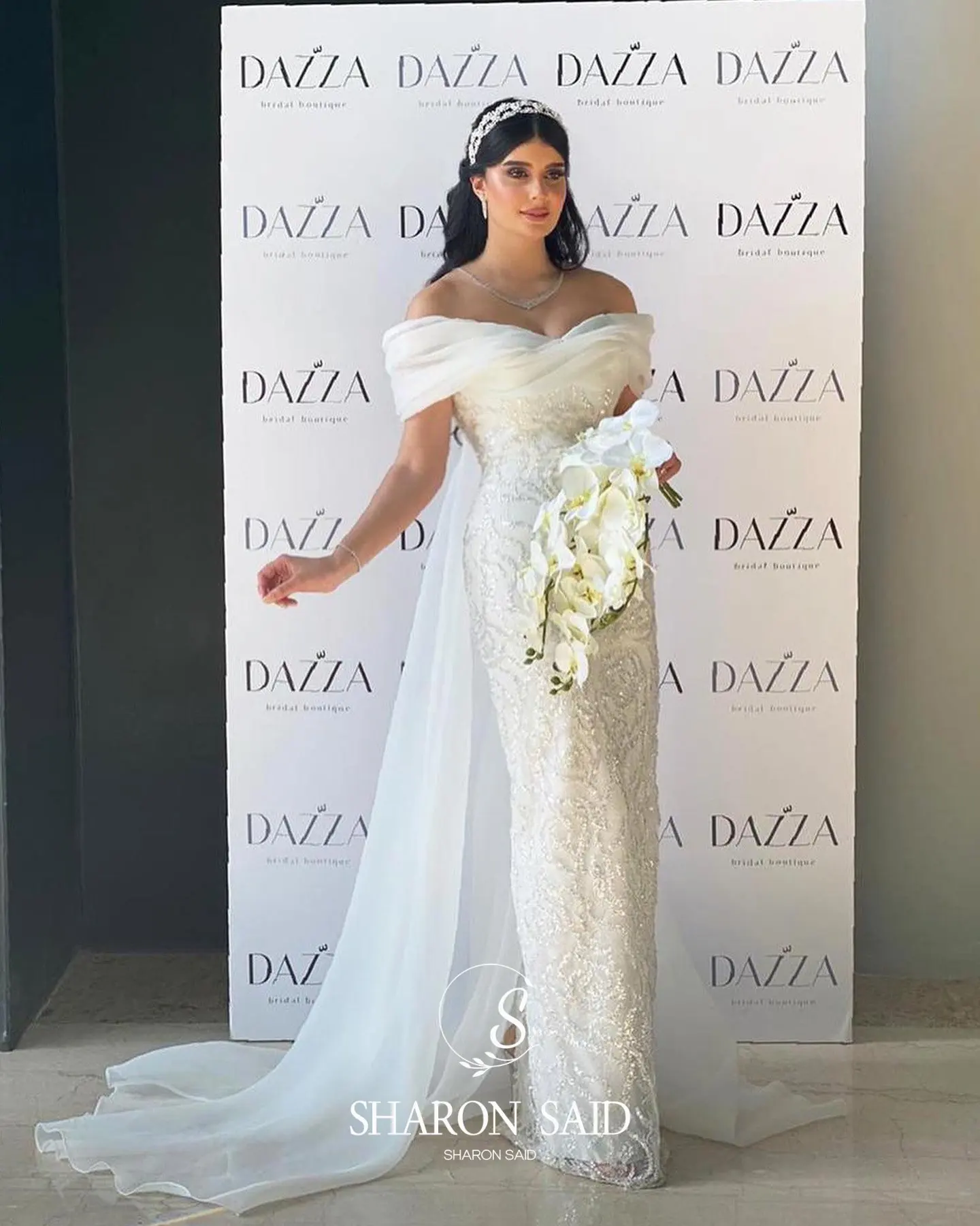 Sharon Said witte off-shoulder avondjurk met kralen overrok beige voor vrouw bruiloft Arabische galajurk SF168 op maat