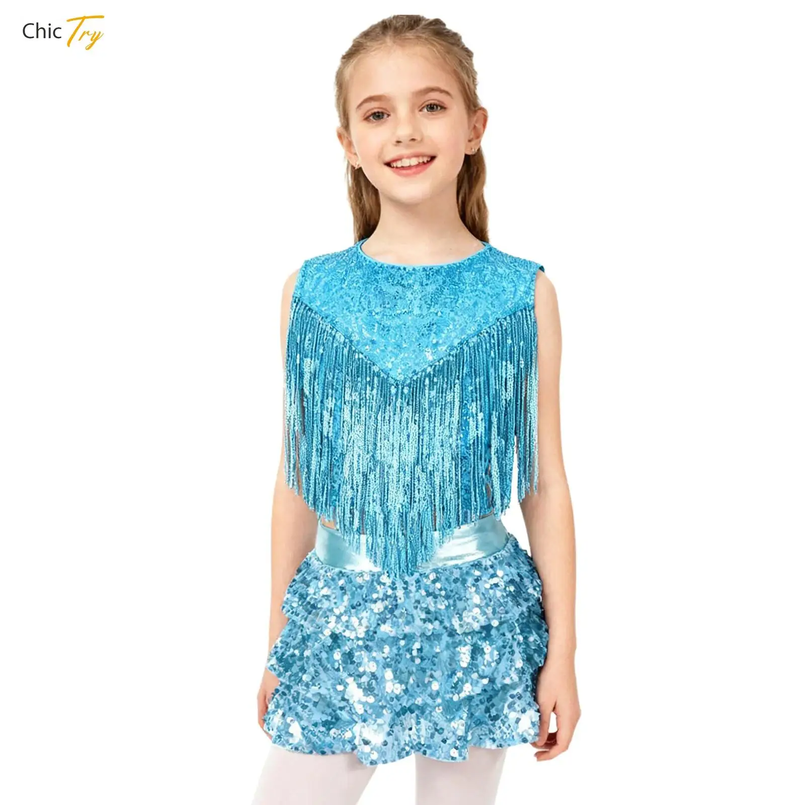 

Kids Girls 70S Disco Costume Jazz Dance Outfit Metallic Sequin Tassels Crop Top with Tiered Skirted Shorts Culottes Dancewear