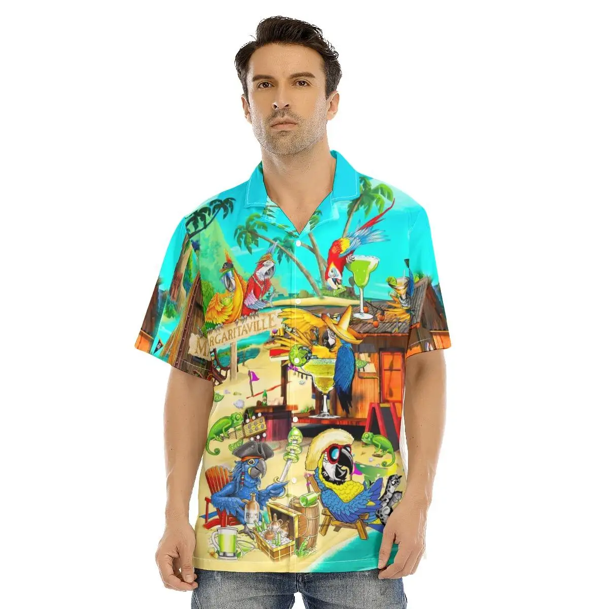 New Hawaiian Shirts Cartoon Parrots Funny Style Vacation Short Sleeve Tops for Men Cool Party Button Up Summer Shirts