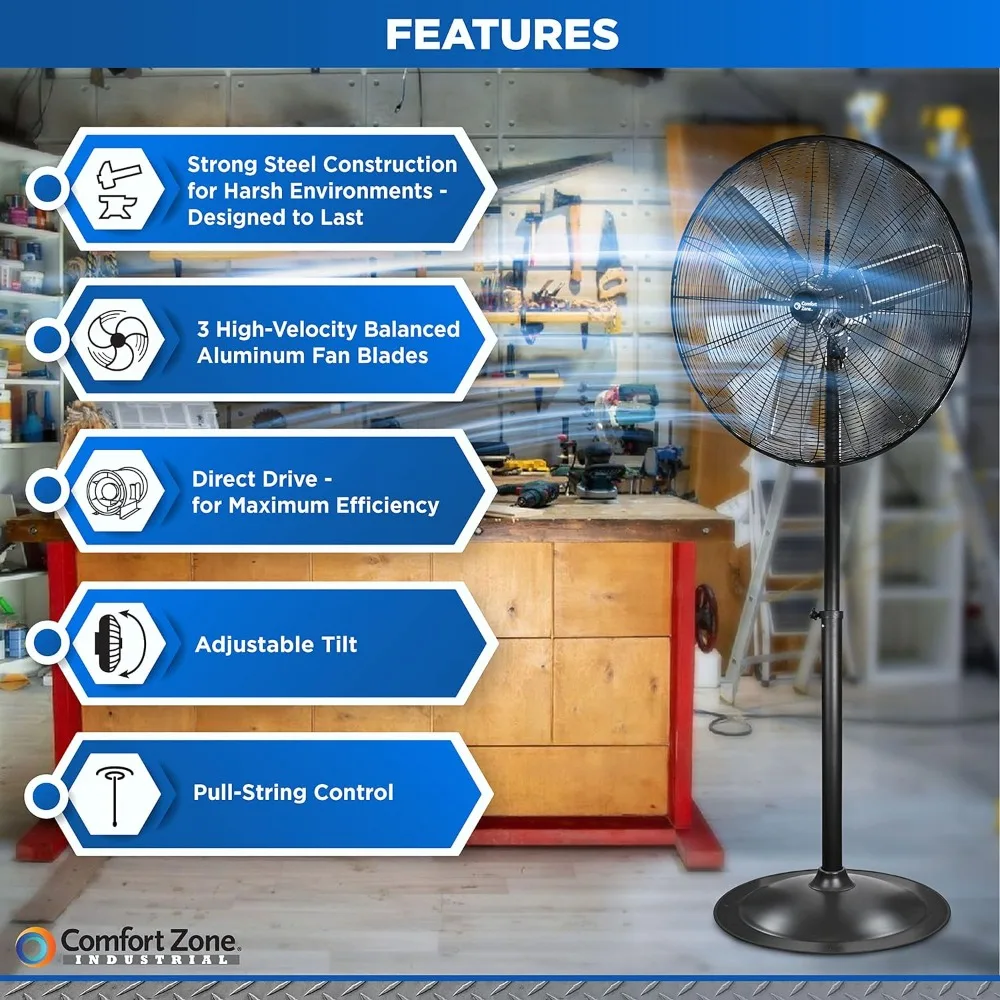 2024 New Industrial Pedestal Fan, 30 Inch, 3 Speed, High Velocity, Adjustable Height 56” To 76”, Metal