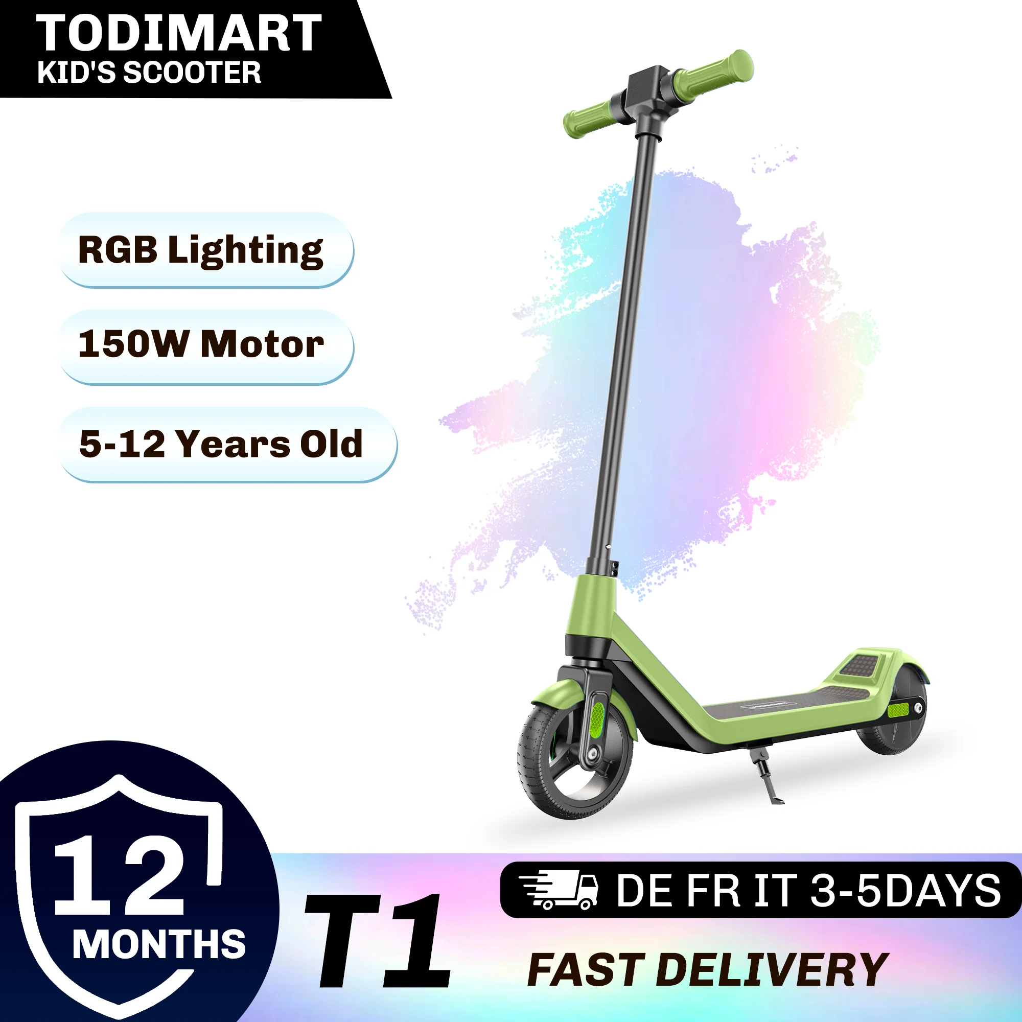 TODIMART T1 elektrische kinder scooter, geschikt voor kinderen van 6-12 jaar, bereik 15 kilometer, 7-kleuren verlichting en 3 snelheidsstanden (8, 12 en 16 km/u)