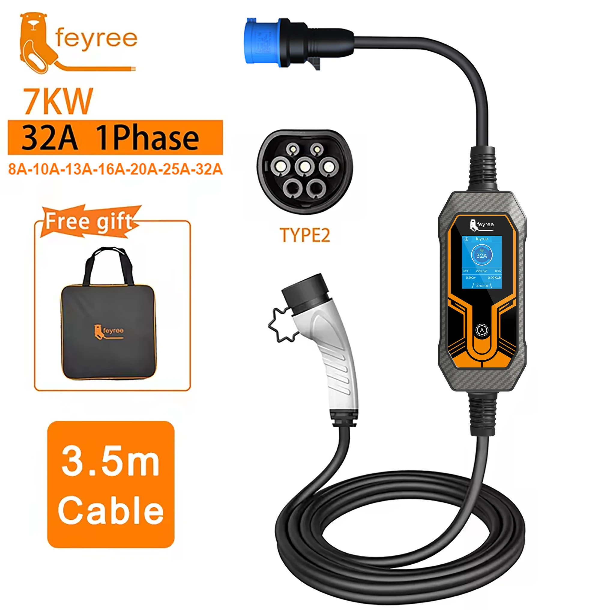 Feyree Draagbare EV-lader Wallbox Type2 Kabel 32A 7KW met CEE Stekker EVSE Type1 Laadbox J1772 Adapter voor Elektrische Voertuigen