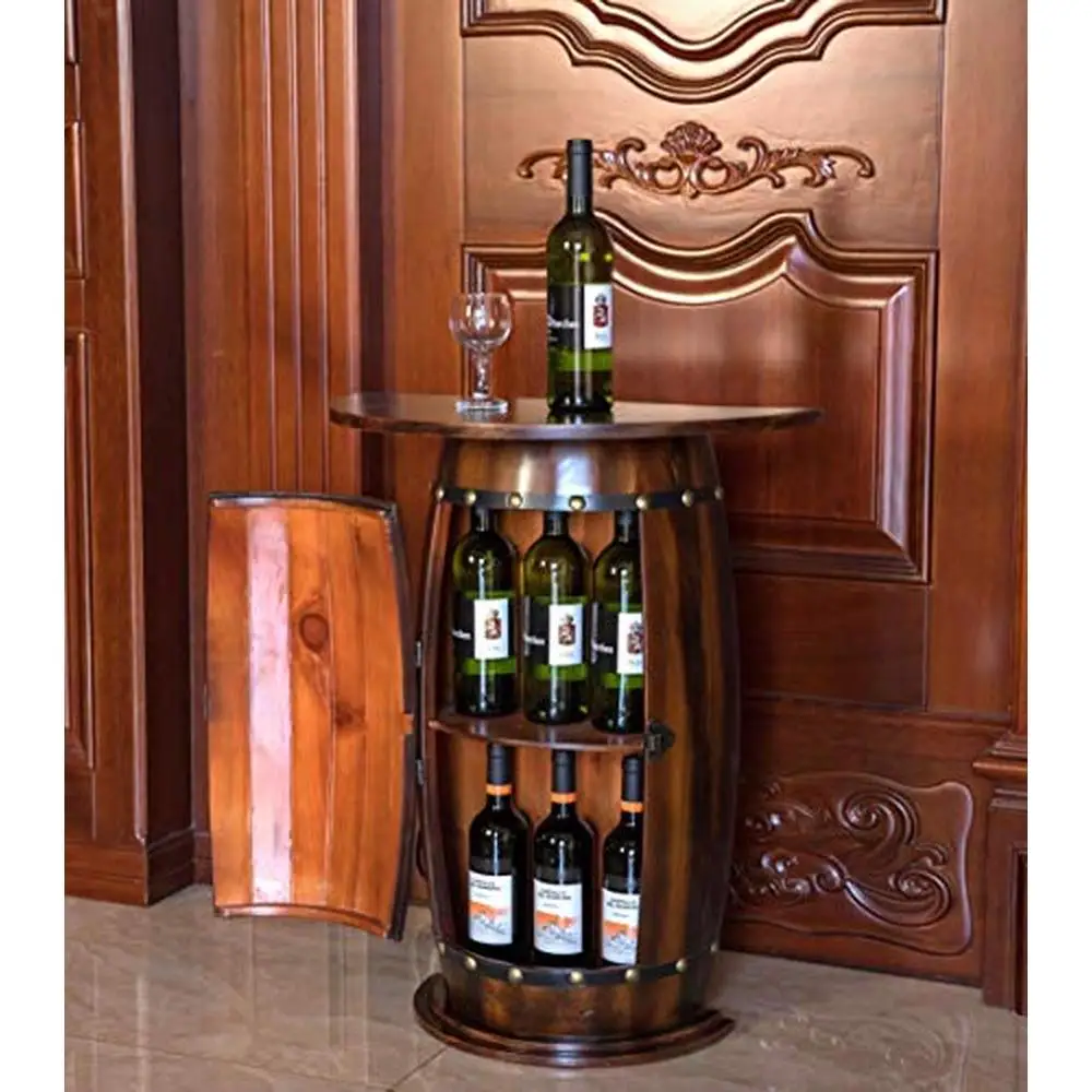 Rustic Barrel Wine Bar Cabinet Lockable Storage Wooden End Table Antique Brown Wood 10-Bottle Capacity 2 Doors 2 Drawers