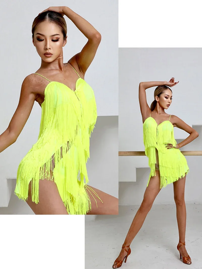 

Women Tassels Strap Backless Latin Dance Dress for Girl Training Competition Ballroom Chest Pads Hollow Out Cha Cha Dancewear