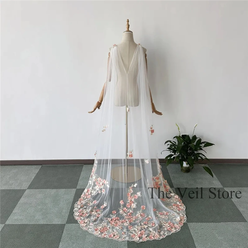 

Розовые 3D цветы, свадебная накидка, фата на плечо, жемчуг, собор, длинный белый тюль цвета слоновой кости, кружевной край для невесты, уникальная шаль