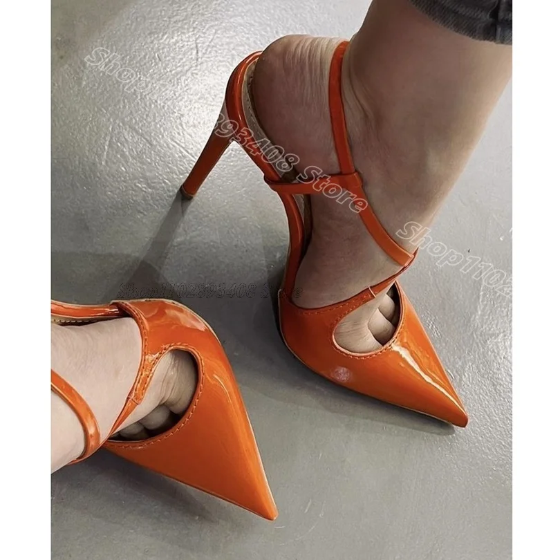 

Orange Pointed Toe Stiletto Sandals British Style Patent Leather Ankle Buckle Casual Women New Fashion Shoes Zapatos Para Mujere