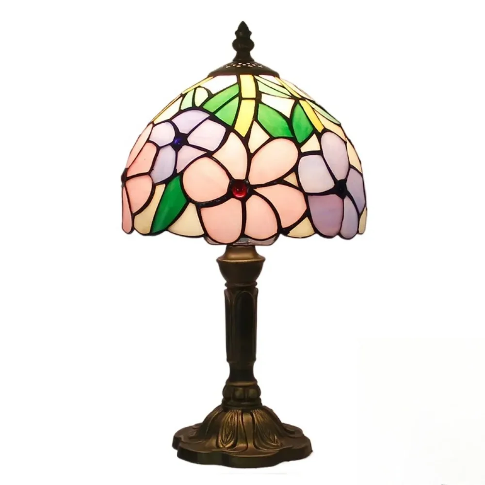 8inch Tiffany Stained Glass Rose Flower Lampshade Table Lamp American Living Room Bedroom Night Light Bedside Reading Lamp