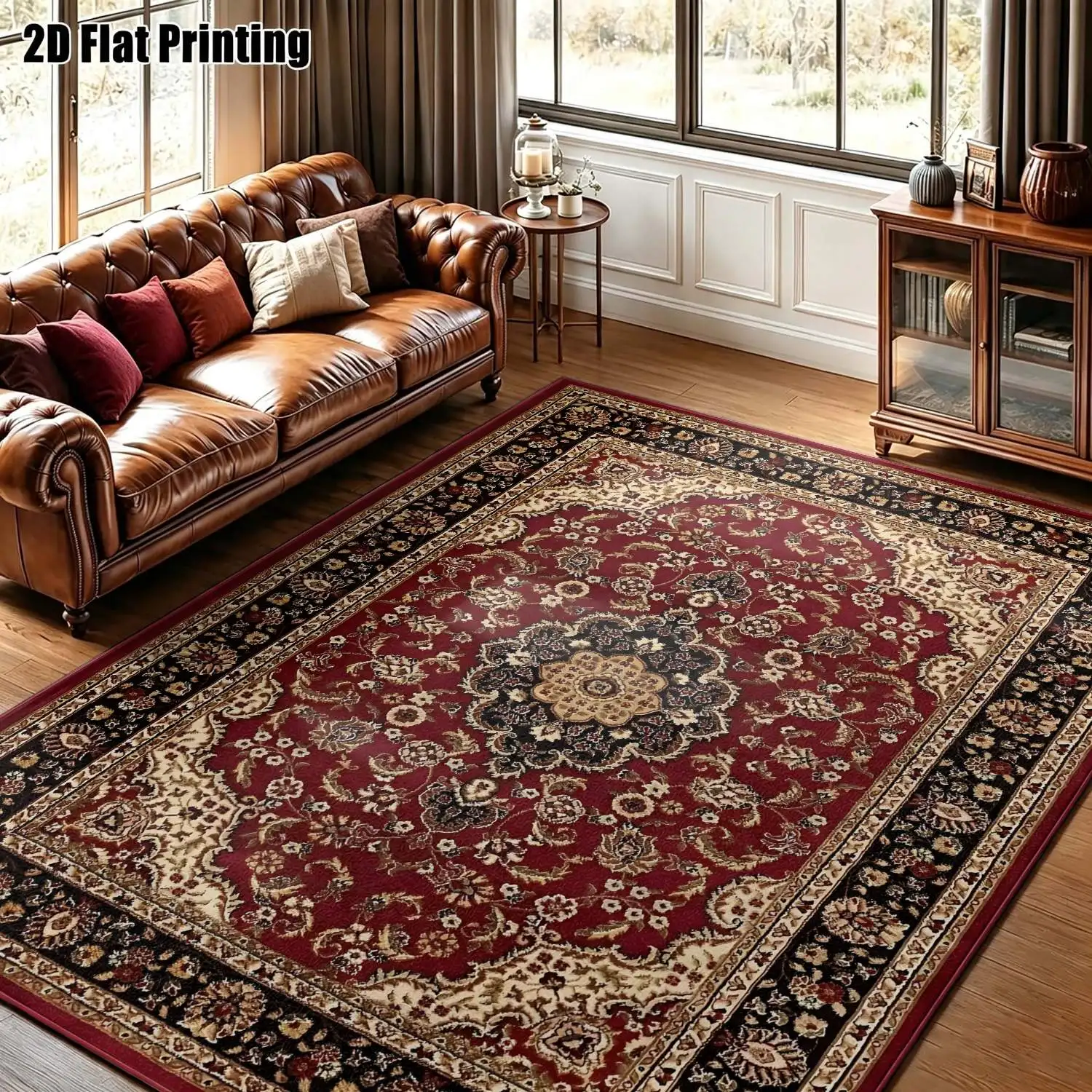 1Pc 2D Printed Retro Red Floral Pattern Carpet, European Style, Machine Washable, Multi-Size for Home Decoration, Suitable for Living Room, Bedroom, Dining Room, Entrance, Study