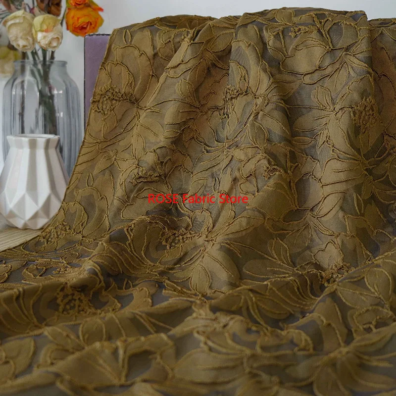 

1 meter Autumn Winter Brown Coffee Embossed Flower Yarn Dyed Jacquard Fabric Retro Dress Suit Decorative Sewing Fabric