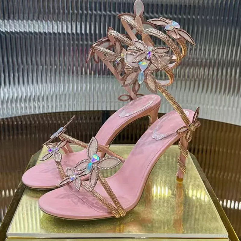 الصيف صنادل كعب عالٍ للنساء حجر الراين فراشة الأفعى خيوط حول الكاحل حزام أحذية الحفلات امرأة الكعب الصنادل امرأة #4