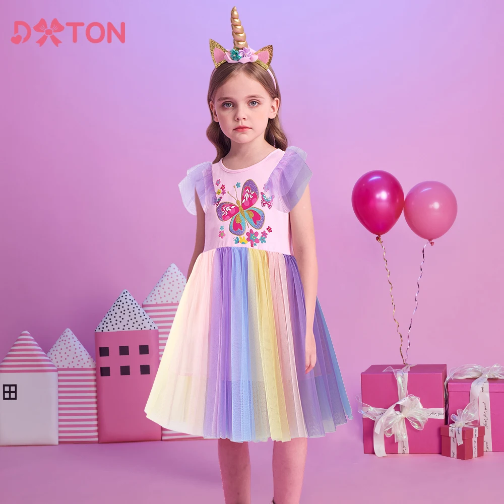 

DXTON Toddler Princess Dresses Ruffles Sleeveless Mesh Kids Dress For Girls Butterfly Floral Summer Children's Holiday Clothing