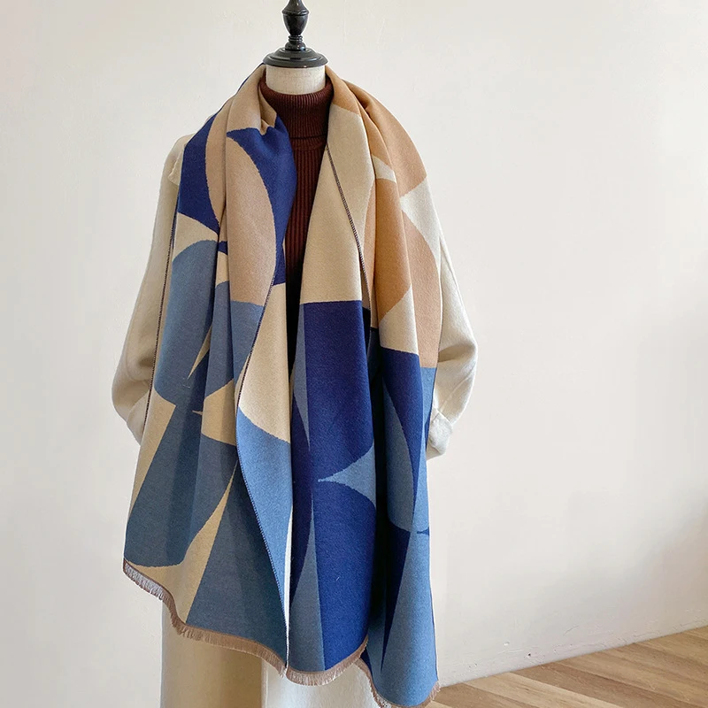 Luxury Contrast Color Flowers Imitate Cashmere Scarf Double Sided Long Shawl Women Winter Warm Neckerchief Summer Cape