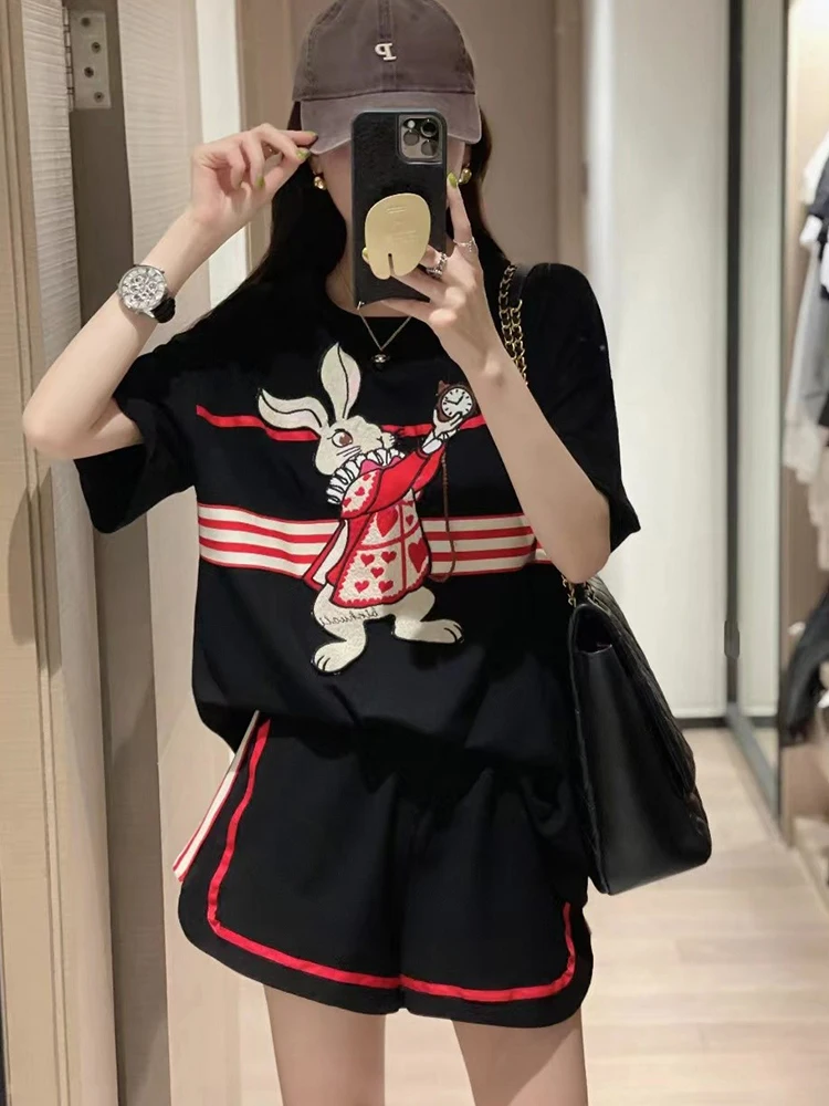 Summer Vintage Embroidered T-Shirts And Shorts conjunto feminino shorts e blusa 2023 Loose Cartoon Tops Two Piece Set For Women