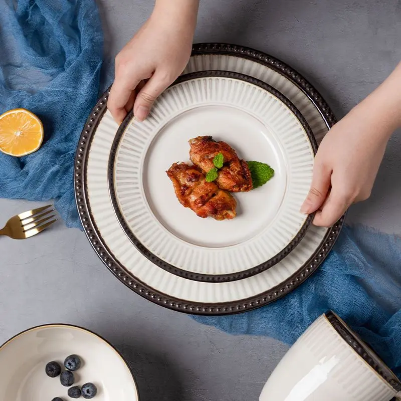 Japanese Retro Creative Ceramic Tableware, Household Living Room Kitchen Dining Room Salad Steak Bowl, Dishes, Dinner Plate, 1Pc