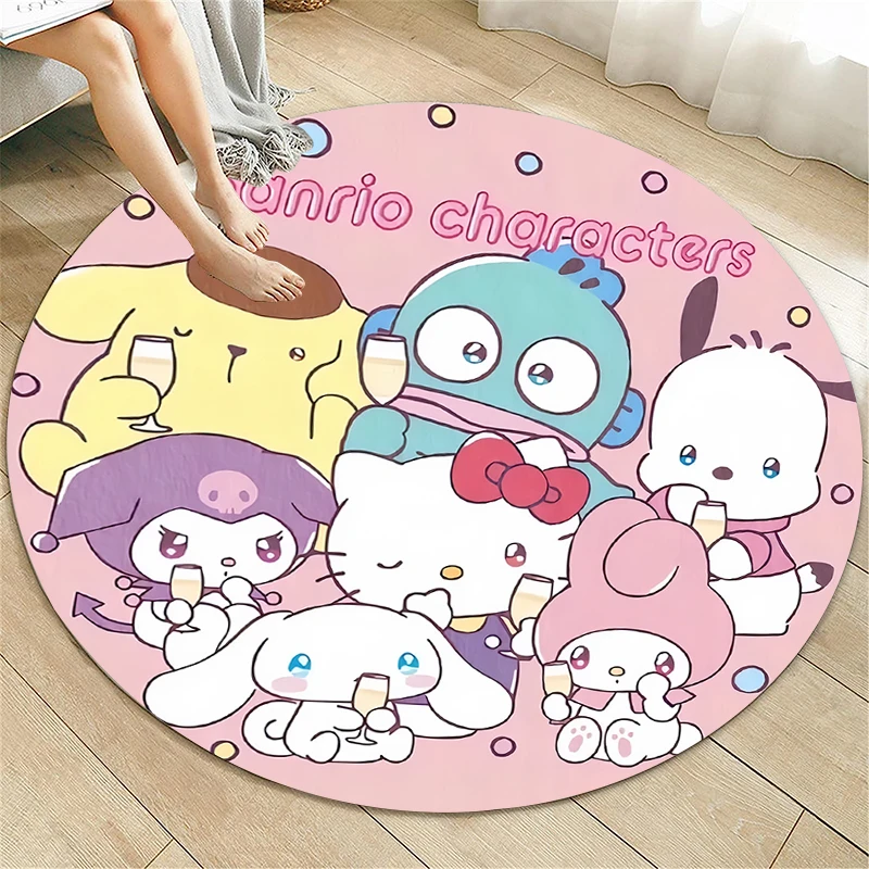 Sanrio Kuromi Melody Hello Kitty Round Carpet for Living Room Rugs Camping Picnic Mats Flannel Anti-Slip Carpets for Living Room