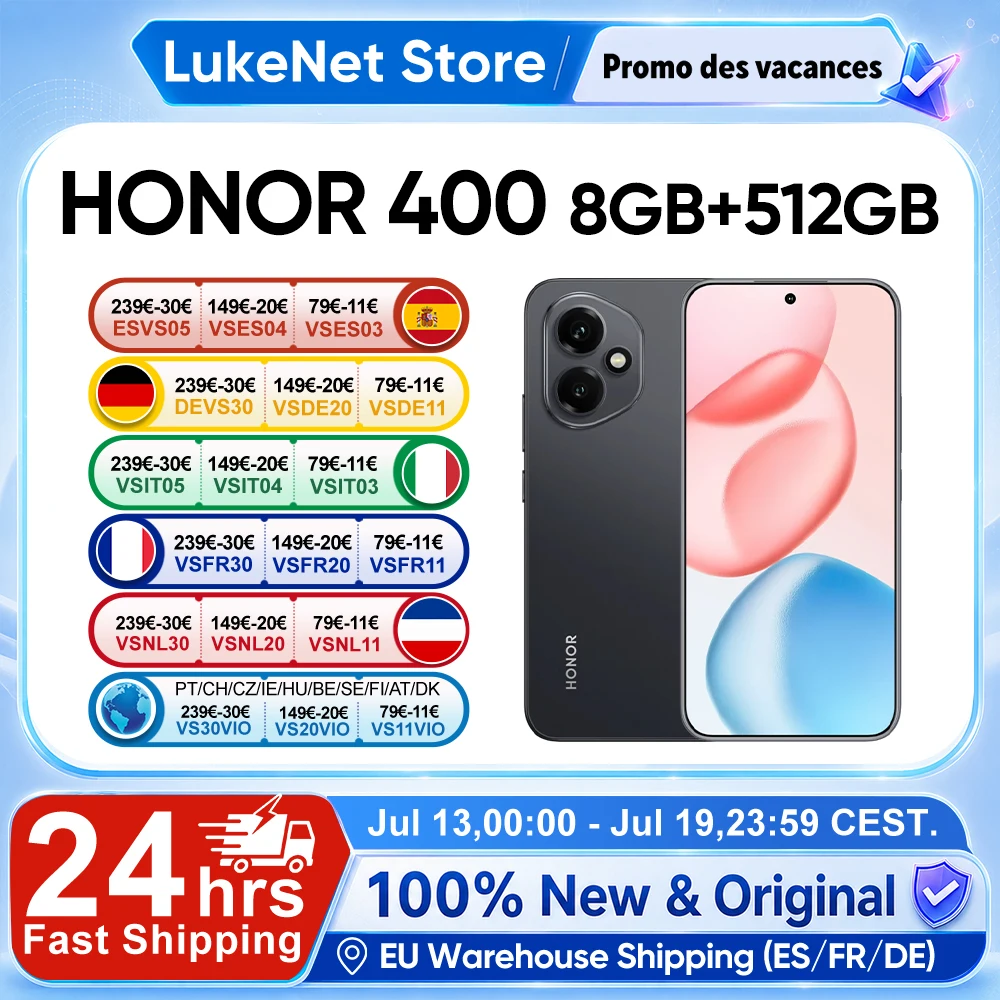 Versione Globale HONOR 400 Smartphone 5G Snapdragon 7 Gen 3 Fotocamera AI da 200MP Display AMOLED da 6,55'' 5300mAh 66W SuperCharge
