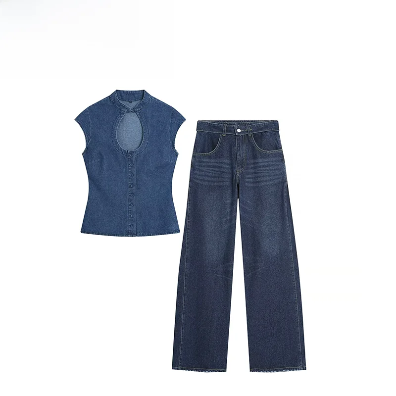Fashionable Pleated Denim Jeans with Belt Women's Autumn Collection ZR Brand Regular Length Two-Piece Set Non-Mall Replica