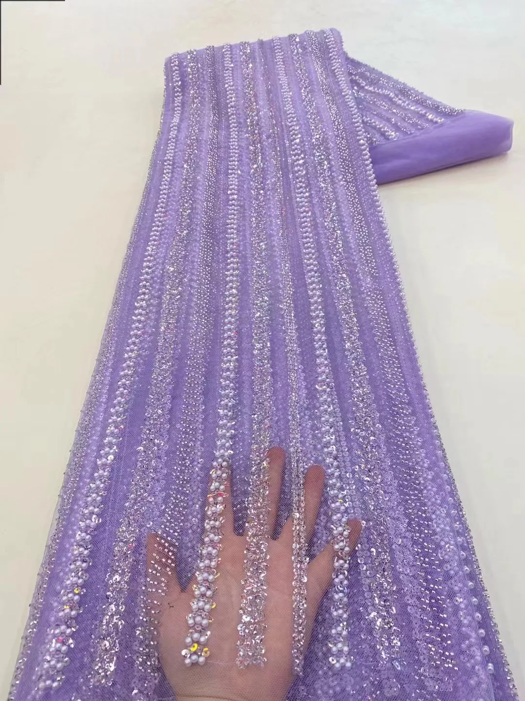 2.5Yards Beaded Lace Fabric French Tulle Embroidery Lace High Quality African Sequins Beads Fabric For Women Wedding Dresses