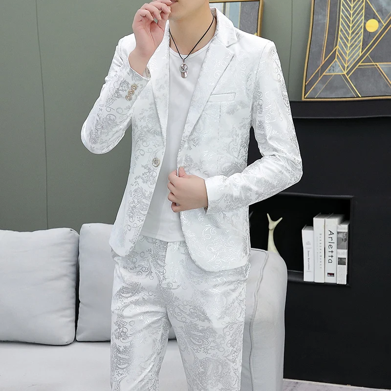 Men's Slim Fit Casual Suit Korean Fashion Trend Bronze Color Two-Piece Set Youth Jacket And Trousers Ensemble