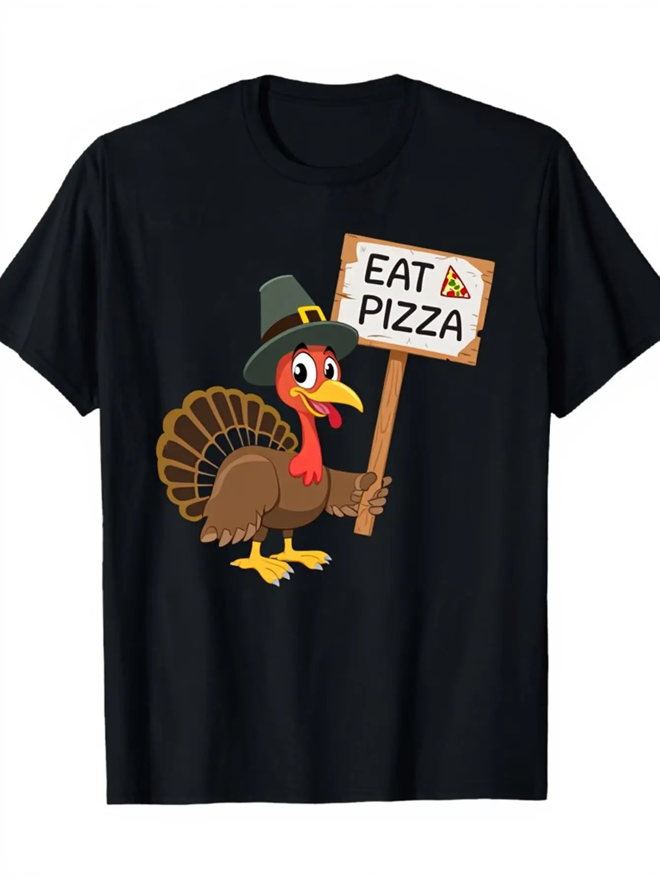 Funny Men's Black Graphic T-Shirt Turkey Pilgrim Hat Eat Pizza Sign Cartoon Bird Thanksgiving Party Food Humor Print 100% Cotton Heavyweight Short Sleeve Casual Streetwear Tee